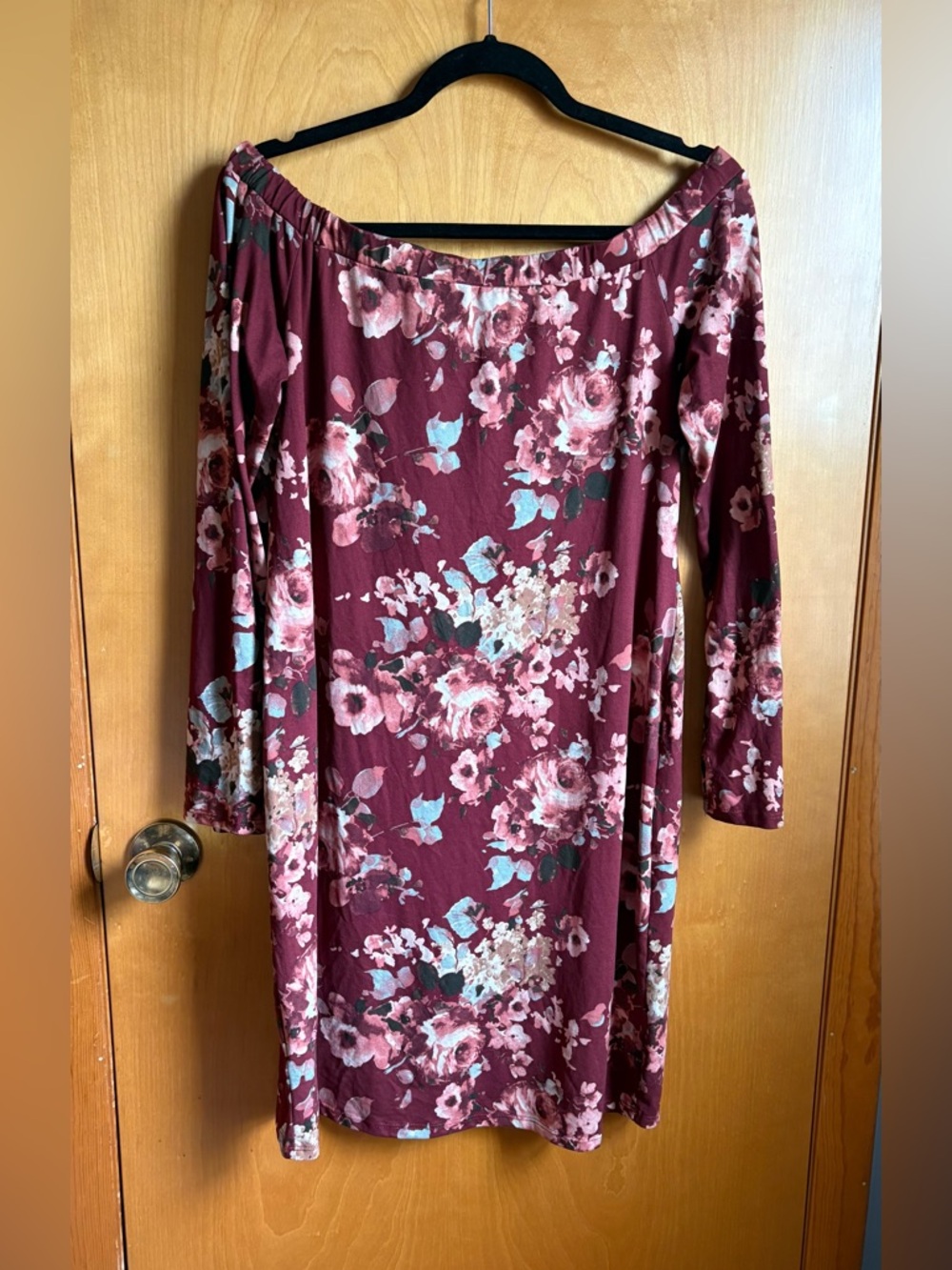 PinkBlush Floral Off Shoulder Dress L | Burgundy Boho Mini Dress